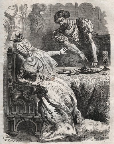 Aby zemścić się za niewierność swojej żony, Gabrielle de Vergy, Eudes de Fayel zmusza go do jedzenia serca swojego kochanka, Raoula de Coucy, bez jego wiedzy. Scena z XII-wiecznej legendy, według której Raoul I de Coucy (po 1142-1191) prosił, aby h autorstwa French School