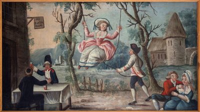 Do zjednoczonych trzech zakonów. Duchowny, szlachcic i państwo trzecie (państwo trzecie) zjednoczyli się w tawernie. Młoda kobieta ją kołysze. Malowany znak kupca cocardes, pochodził z Pałacu Królewskiego, malarstwo anonimowe, okres rewolucyjny autorstwa French School