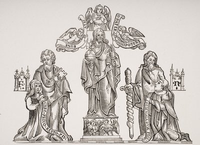 Dekoracja nagrobna przedstawiająca Mikołaja Flamela (ok. 1330-ok. 1418) i jego żonę Pernelle, według dekoracji na Cmentarzu Niewiniątek w Paryżu, z Le Moyen Age et La Renaissance autorstwa Paula Lacroix (1806-84) autorstwa French School