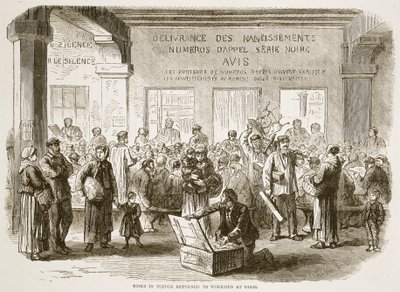 Narzędzia w zastawie zwrócone robotnikom w Paryżu, ilustracja z Historii wojny Cassells między Francją a Niemcami, 1870-1871 autorstwa French School