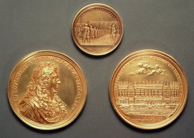 U góry: Recto = Les Revues, 1680, Thomas Bernard; Dół: verso = Profil Ludwika XIV, recto = Kolumnada Luwru, projekt Berniniego Jeana Warina III (1604-72) (złoto) autorstwa French School