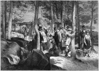 Turyści w wąwozach Apremont, w pobliżu wejścia do jaskini, w lesie Fontainebleau autorstwa French School