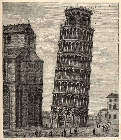 Wieża w Pizie - Torre di Pisa - Tour de Pisa - Grawerowanie w „”Nauki wnoszone na ruszt każdego - Popularna fizyka i chemia” Alexisa Clerca - Koniec XIX wieku - Kolekcja prywatna autorstwa French School