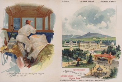 Karta handlowa reklamująca francuskie uzdrowisko Vittel (chromolitho) autorstwa French School