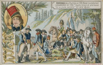 Karta handlowa z wizerunkiem śmierci francuskiego generała Marceau-Desgraviers autorstwa French School
