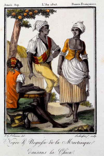 Taniec tradycyjny: mieszkańcy Martyniki tańczą chica. Rycina z 1805 r. Chartres, Muzeum Sztuk Pięknych autorstwa French School
