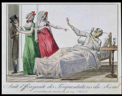 Tragiczna konsekwencja bycia w burdelach, karykatura syfilityka, ok. 1800 (kolorowa grawerunek) autorstwa French School