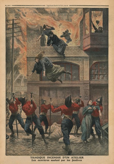 Tragiczny pożar w warsztacie w Newark, New Jersey, ilustracja z „Le Petit Journal”, dodatek illustre, 11 grudnia 1910 (kolor lito) autorstwa French School