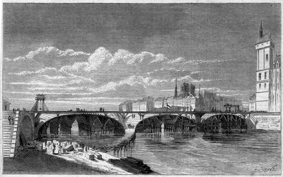 Przemiany Paryża w okresie II Cesarstwa, Haussmann Paryż: widok na Pont au Change podczas jego odbudowy. Grawer w „Le Monde Illustré” nr 169 z 7 lipca 1860 r. autorstwa French School