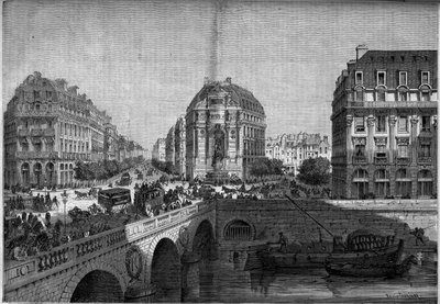 Przemiany Paryża pod rządami Drugiego Cesarstwa, Haussmann Paryż: widok na fontannę Saint Michel (1860) na Bulwarze Sewastopola. Grawer w „”Le Monde Illustré””n°175 z 18 sierpnia 1860 r. autorstwa French School