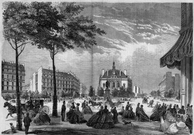 Przemiany Paryża w okresie II Cesarstwa, Paryż Haussmann: nowy ratusz XI okręgu w Paryżu. (Można zobaczyć Voltaire Boulevard i Parmentier Avenue). Grawitacja z 1865 roku. autorstwa French School