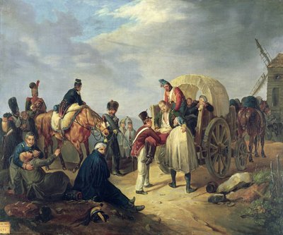 Transport rannych żołnierzy podczas wojen napoleońskich autorstwa French School
