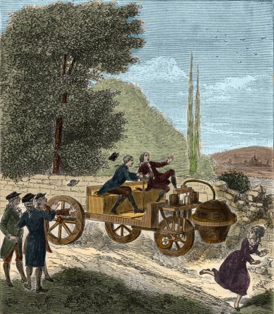 Próba trójkołowego wagonu parowego Nicolasa Josepha Cugnotsa w Arsenale w Paryżu autorstwa French School