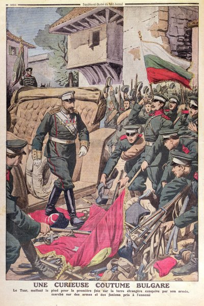 Car Ferdynand I (1861-1948) Bułgarii przechadzał się po zdobytych flagach podczas wojny bałkańskiej 1912, listopad 1912 autorstwa French School
