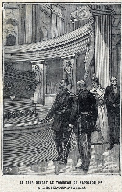 Car Mikołaj II (1868-1918) i caryca Aleksandra Fiodorowna Romanowa (1872-1918) przed grobem Napoleona I Bonaparte w Hotelu des Invalides w Paryżu, w „Le Petit Parisien”” autorstwa French School