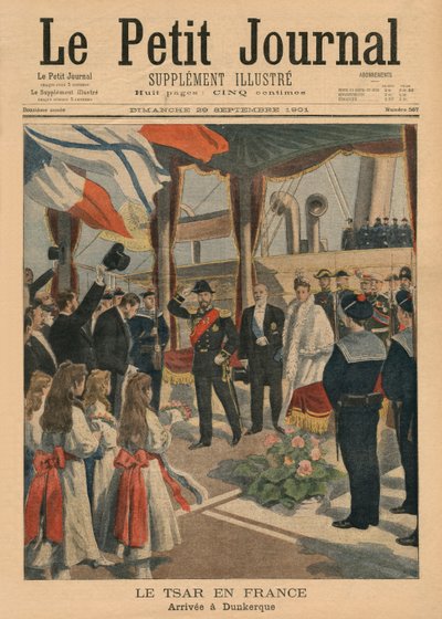 Car Mikołaj II we Francji, przybywający do Dunkierki, ilustracja na okładce z „Le Petit Journal”, Supplement illustre, 29 września 1901 (kolor lito) autorstwa French School