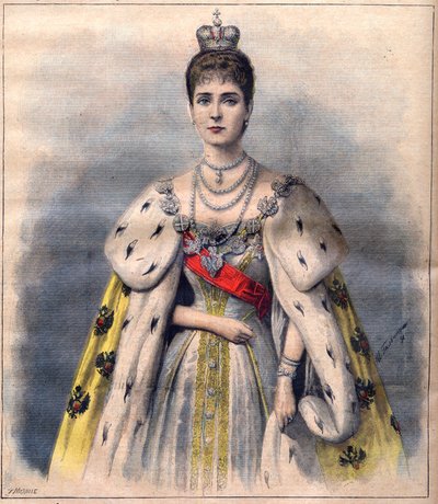 Caryca Aleksandra z Rosji w szatach koronacyjnych - Caryca Aleksandra Fiodorowna w stroju sacrum. Ilustracja do Le Petit Journal, 24 maja 1896 (grafika) autorstwa French School
