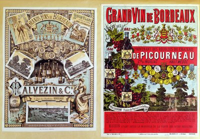 Dwie reklamy dystrybutorów Malevezin and Company oraz winnicy Chateau de Picourneau z regionu Bordeaux, koniec XIX wieku autorstwa French School