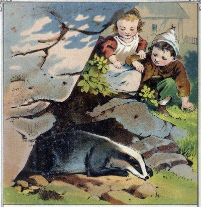 Dwoje dzieci obserwuje borsuka w jego norze. Chromolitografia z „”Scen dzieciństwa”” wyd. Guerin - Muller około 1885 roku. autorstwa French School