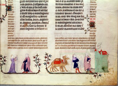 Dwie sceny z historii Rebeki przy studni, z Biblii Jana de Sy, ok. 1355 autorstwa French School