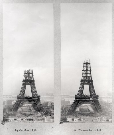 Dwa widoki na budowę Wieży Eiffla, Paryż, 14 października i 14 listopada 1888 r. autorstwa French School