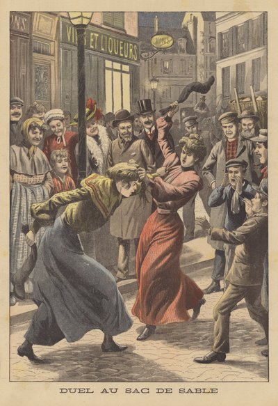 Dwie kobiety walczące z pończochami wypełnionymi piaskiem (kolorowa litografia) autorstwa French School