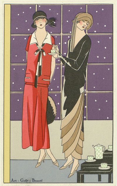 Dwie kobiety pijące herbatę i ubrane w projekty Jean Patou i Beer z pubu Art-Goût-Beauté. 1924 autorstwa French School