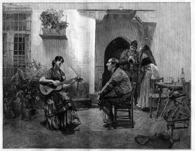 Pod urokiem: mężczyzna słuchający z podziwem młodej Hiszpanki grającej na gitarze. Grawerowanie według obrazu Julesa Wormsa (1832-1914) w „Świat znakomity”, 1 maja autorstwa French School