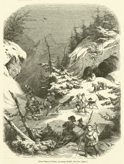 Polowanie na niedźwiedzie w czasach feudalnych w Alpach (rycina) autorstwa French School