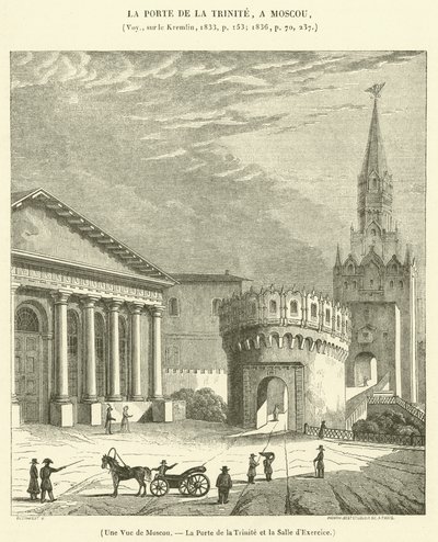 Widok Moskwy, Brama Trójcy Świętej i sala ćwiczeń (rycina) autorstwa French School