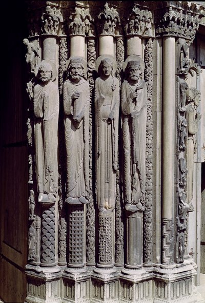 Nieznana postać, król Salomon, królowa Saby i król Dawid, figury ościeżnicowe z Portalu Królewskiego, 1140-55 autorstwa French School