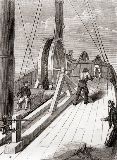 Rozwijanie kabla podwodnego z Dover do Calais na pokładzie Blazera, 25 grudnia 1851, z Les Merveilles de la Science, opublikowanej ok. 1870 (grawerowanie) autorstwa French School