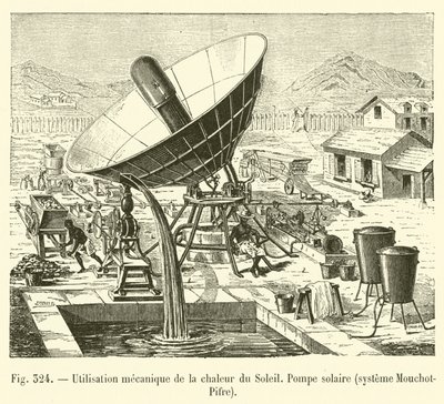 Mechaniczne wykorzystanie ciepła słonecznego, pompy solarnej, systemu Mouchot-Pifre (grawerowanie) autorstwa French School