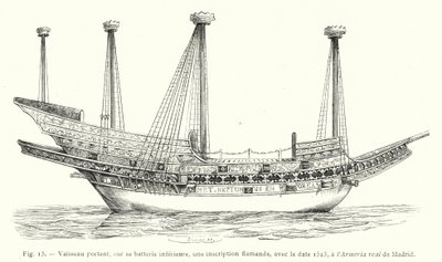 Statek opatrzony na dolnej baterii napisem flamandzkim z datą 1523 w Armeria real de Madrid (rycina) autorstwa French School