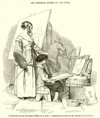 Van-Dyck otrzymuje lekcję rysunku od matki (grafika) autorstwa French School