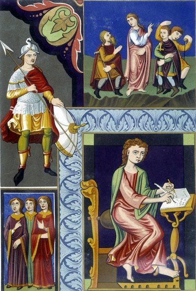 Różne stroje z IX wieku. Ilustracja zaczerpnięta z „Francji w IX wieku”. autorstwa French School