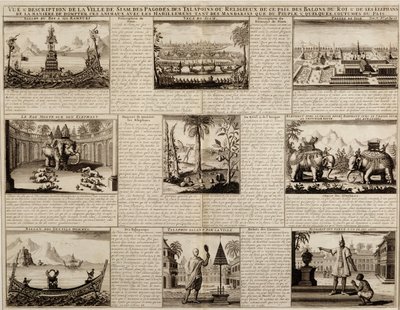 Różne poglądy na Syjam i Ayutthaję, z Du Royaume de Siam autorstwa Simona de la Loubere, opublikowane w 1688 r. autorstwa French School