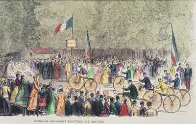 Wyścig Velocipede w Saint-Cloud, 31 maja 1808 (kolor grawerowany) autorstwa French School