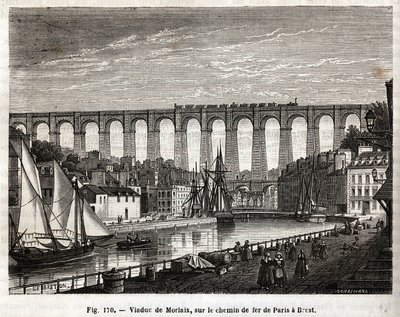 Wiadukt Morlaix, na linii kolejowej z Paryża do Brestu (Francja). Grawerowanie Lebreton et Marchand, w „Les Merveilles de la Science” Louisa Figuiera (1819-1894), wydanie Jouvet et Cie autorstwa French School