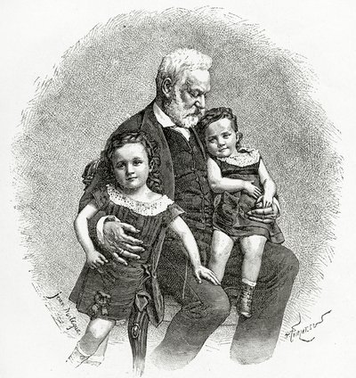 Victor Hugo i jego wnuki, XIX wiek (grawerunek bw) autorstwa French School