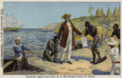 Victor Schoelcher niosący wiadomość o ich wolności niewolnikom z Martyniki, ok. 1848 r. autorstwa French School