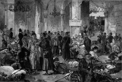 Wiedeń 1882, Sala Przegranych Spraw Północnego Fahna: repatriacja Żydów wygnanych po uspokojeniu ruchu antysemickiego, który miał miejsce w Rosji, z „Le Monde Illustre” autorstwa French School