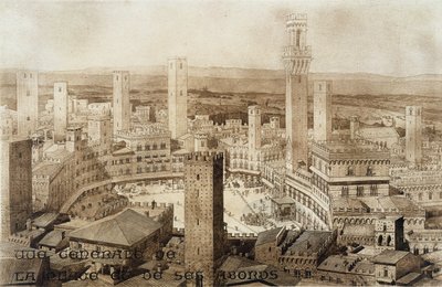Widok na Sienę, z fragmentów architektury średniowiecznej i renesansowej, rytowany przez Jules Adolphe Chauvet (ur. 1828) autorstwa French School