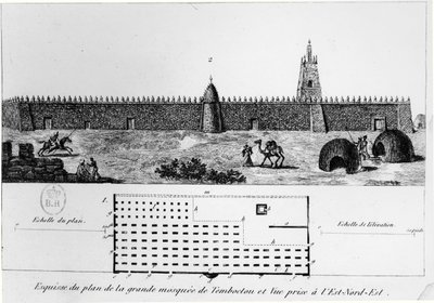 Widok i plan wielkiego meczetu w Timbuktu, z Journal dun voyage a Tombouctou autorstwa Rene Caillie (1799-1838), 1830 autorstwa French School