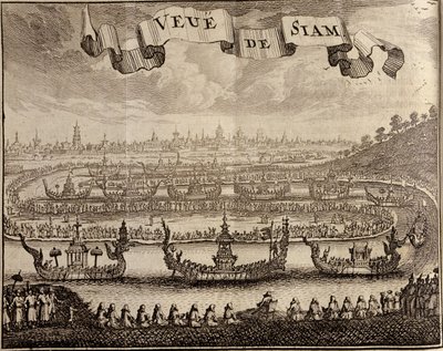 Widok Ayutthayi z królewskimi barkami, z Voyage du Siam des Peres Jesuites autorstwa Guya Tacharda, 1688 autorstwa French School