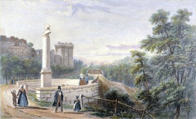 Widok na zamek Dinan i pomnik Duclosa Pinota. Ilustracja z XIX wieku zachowana w Muzeum Dinan. autorstwa French School