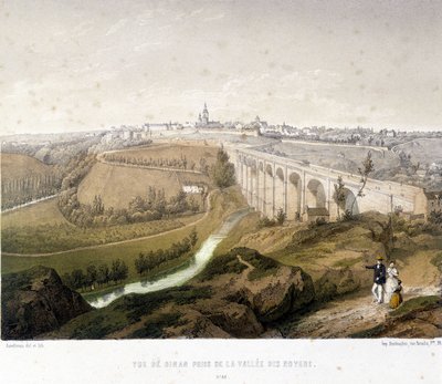 Widok na Dinan, wiadukt i dolinę Walnut. XIX-wieczna ilustracja zachowana w Muzeum Dinan. autorstwa French School