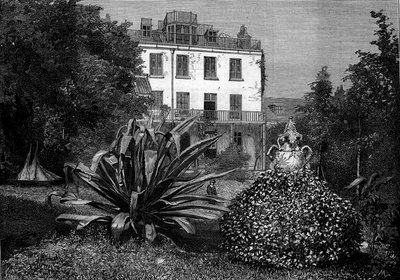 Widok na Dom Hauteville (Hauteville-House), rezydencję Victora Hugo podczas jego wygnania na wyspie Guernsey. Grawerowanie w „” The Illustrious World”” nr 1249 z 5 marca autorstwa French School