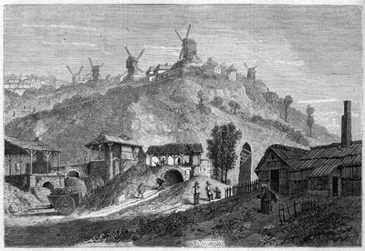 Widok na Montmartre w 1859 roku, przed przyłączeniem się do Paryża w 1860 roku. Widok z równiny Saint Denis. Grawer w „”Le Monde Illustré””n°141 z 24 grudnia 1859 r. autorstwa French School