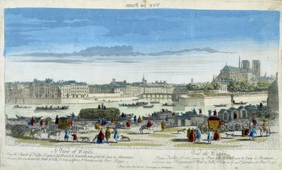 Widok na Paryż i Notre-Dame (Notre Dame), przy dokach Ile St Louis - grawerowanie autorstwa French School